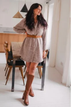 ROBE LISON PIED DE POULE CAMEL
