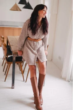 ROBE LISON PIED DE POULE CAMEL