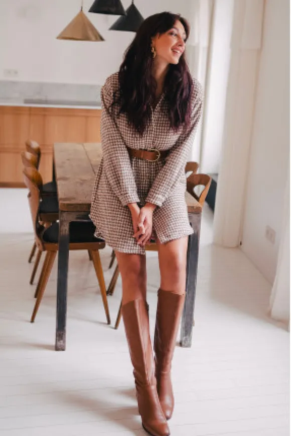 ROBE LISON PIED DE POULE CAMEL