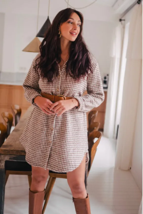 ROBE LISON PIED DE POULE CAMEL