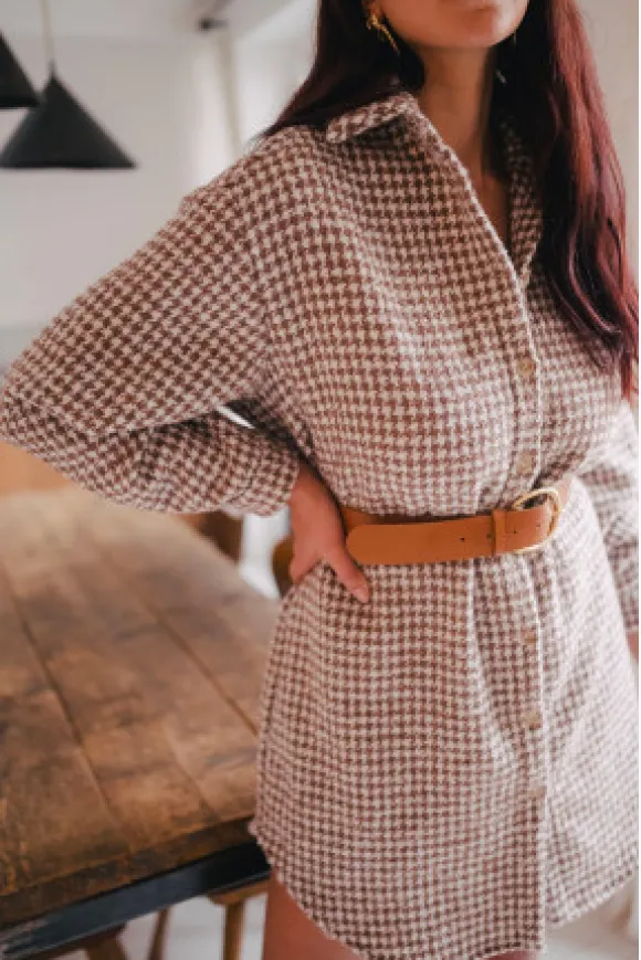 ROBE LISON PIED DE POULE CAMEL