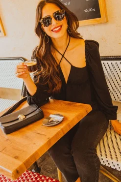 TOP QUITERIE LIN VISCOSE NOIR